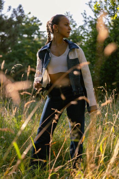 veste en jean dentelle foncé surcyclé jadis creations upcycling