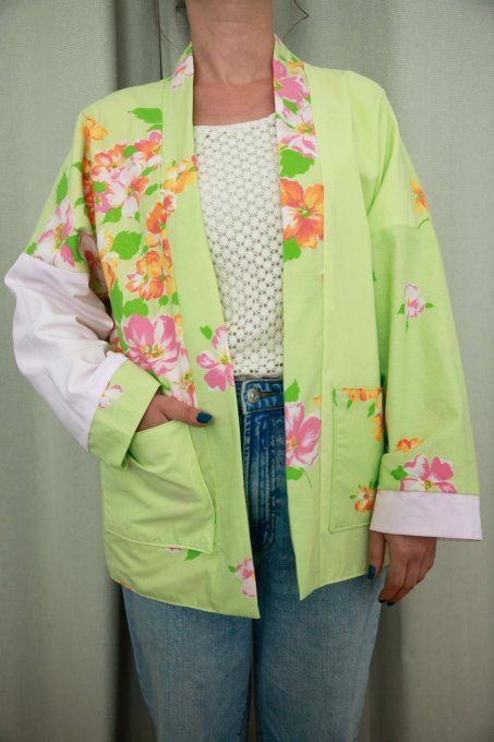 kimono reversible fleuri vert et rose