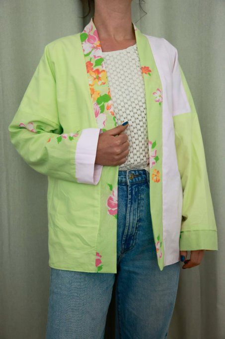 kimono reversible fleuri vert et rose