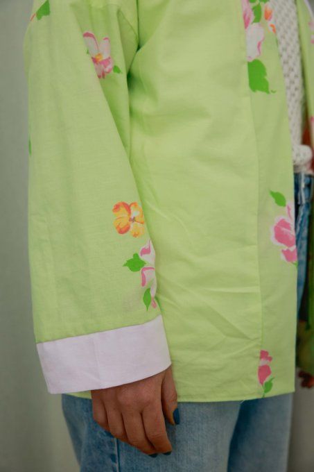 kimono reversible fleuri vert et rose
