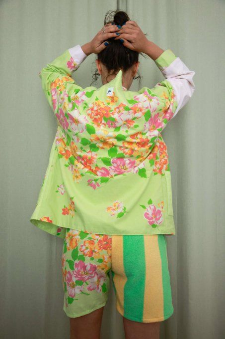 kimono reversible fleuri vert et rose