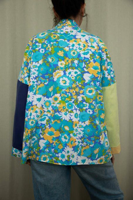 kimono reversible fleuri bleu et jaune