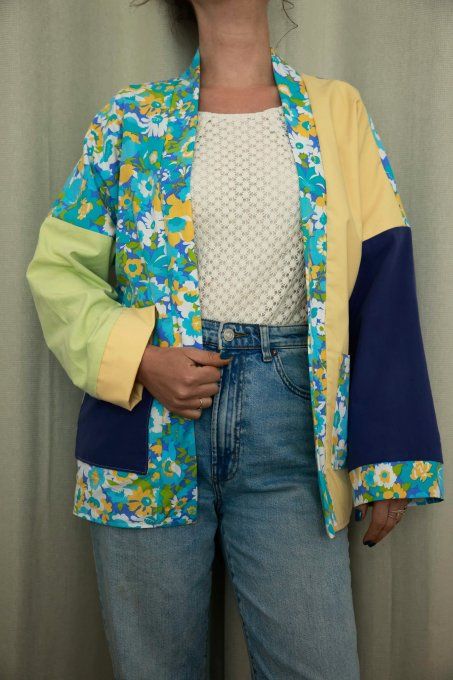 kimono reversible fleuri bleu et jaune