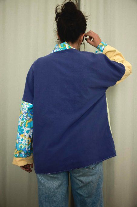 kimono reversible fleuri bleu et jaune