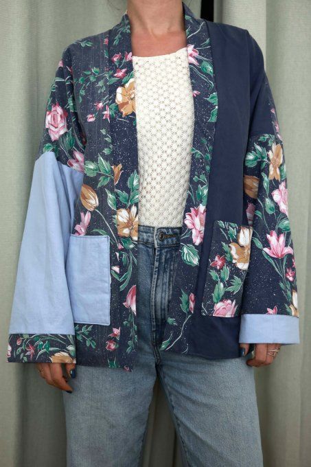 kimono reversible fleuri bleu et rose 