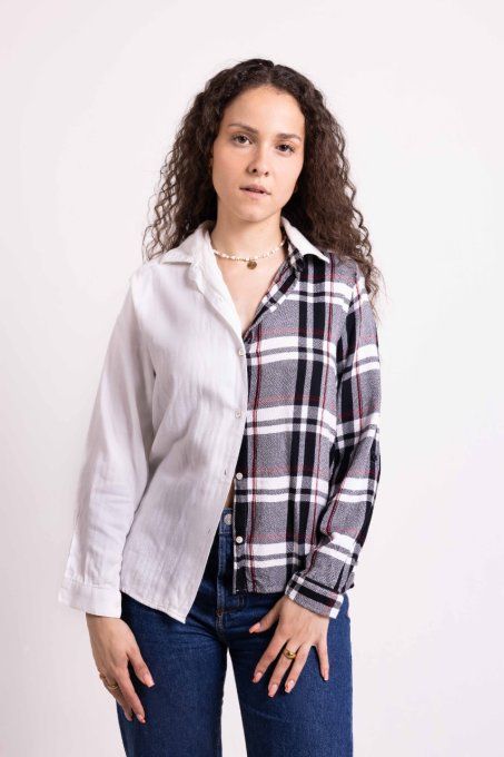 chemise surcyclée rouge noire et blanche model n1 jadis creations upcycling