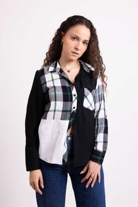 chemise surcyclée à carreaux vert et noir jadis creations upcycling