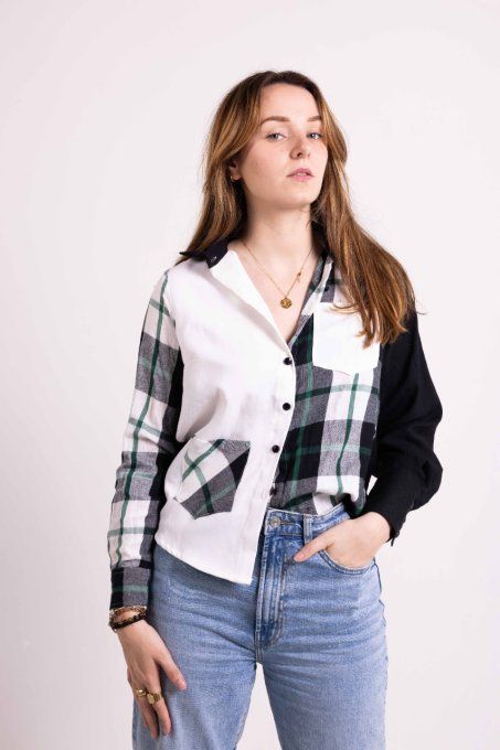 chemise surcyclée à carreaux vert et noir jadis creations upcycling