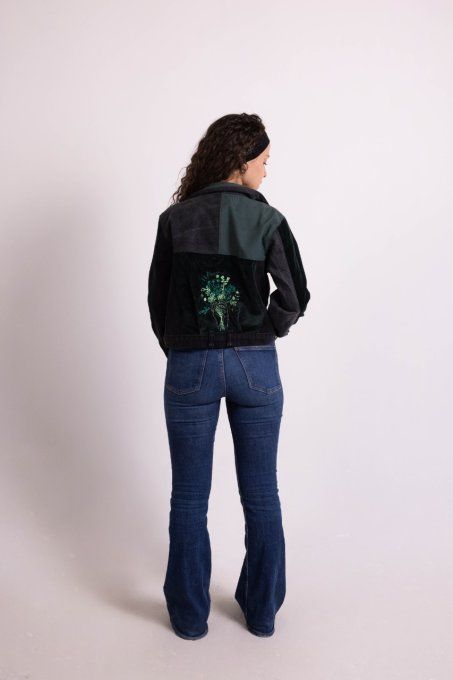 veste en jean velours noir et verte brodée surcyclé jadis creations upcycling
