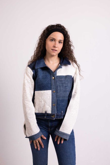 veste en jean dentelle foncé surcyclé jadis creations upcycling